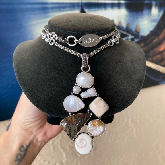 925 sterling silver overlay charm Pearl abalone fossil shiva eye shell necklace. - Picture 8 of 11